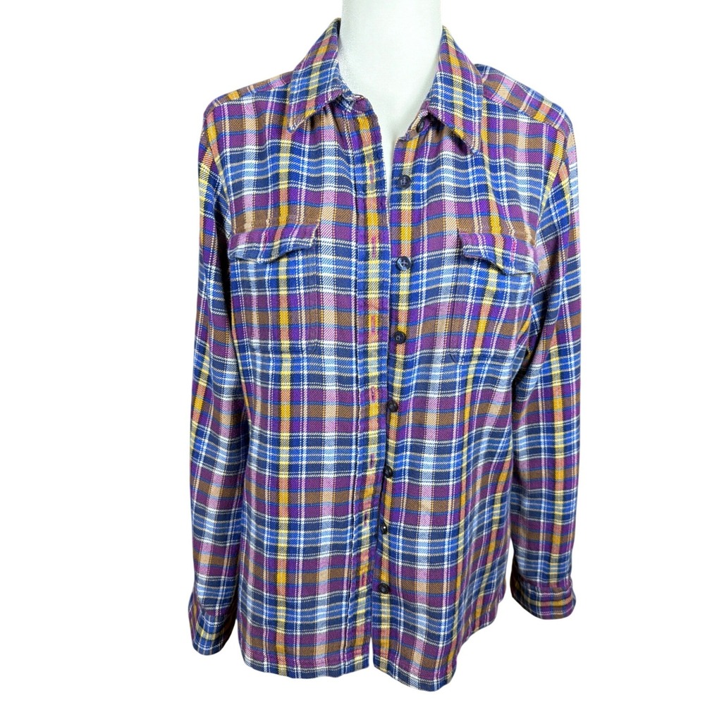Patagonia Women Organic Cotton Flannel Plaid Button Down Shirt Purple Blue Sz 12